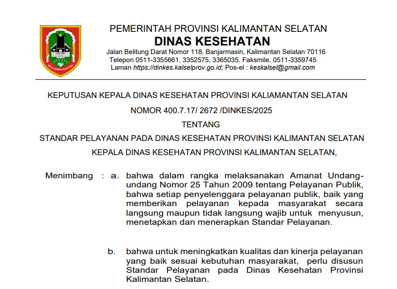 Standard Pelayanan Dinkes Kalsel